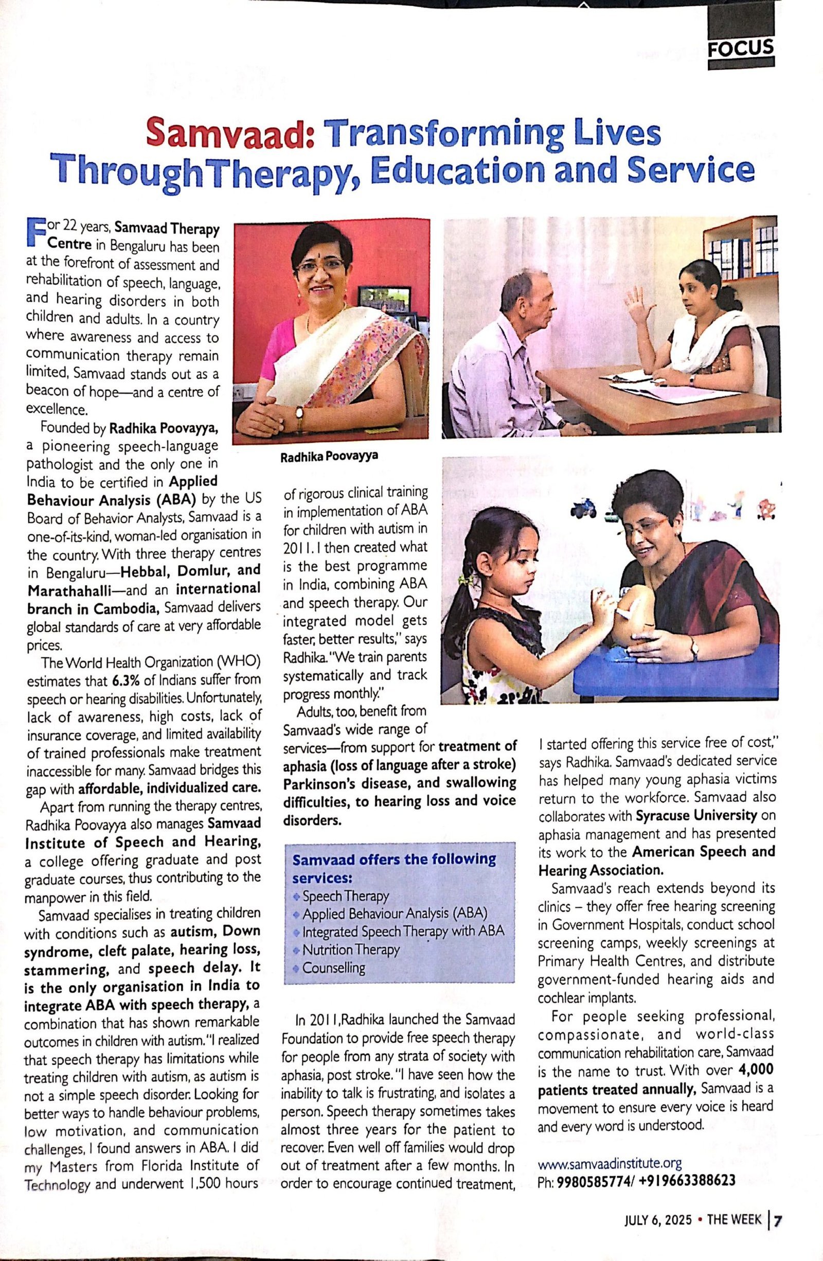 An Article on Samvaad and our Director Ms. Radhika Poovayya was published in The Week magazine.