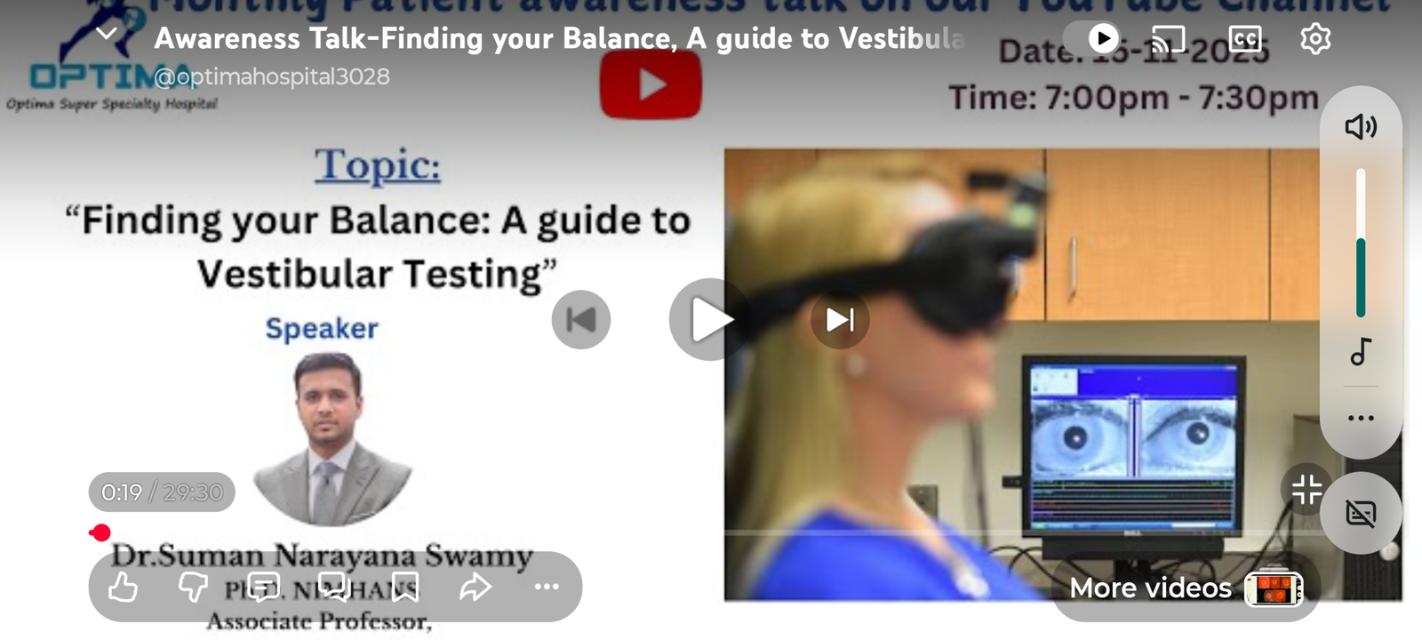 Dr.Suman gave awareness talk in you tube the topic was”Finding your Balance: A guide to Vestibular…